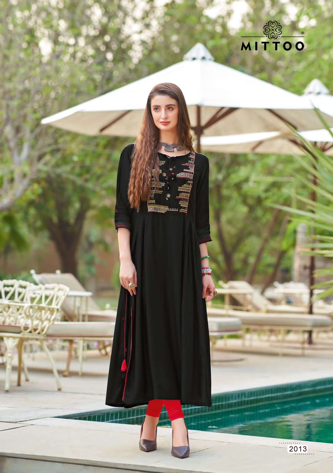 MULLBERRY HEAVY RAYON EMBROIDERY AND HANDWORK &LONG KURTI BY MITTOO BRAND 1001